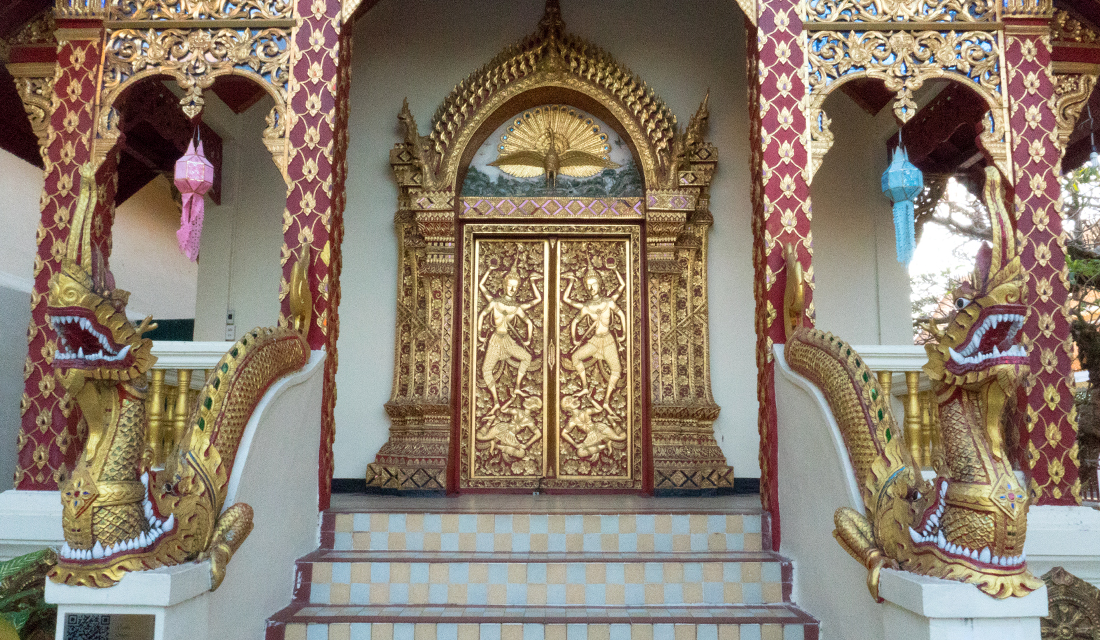 Ornate detail on the doors to the temple hall.